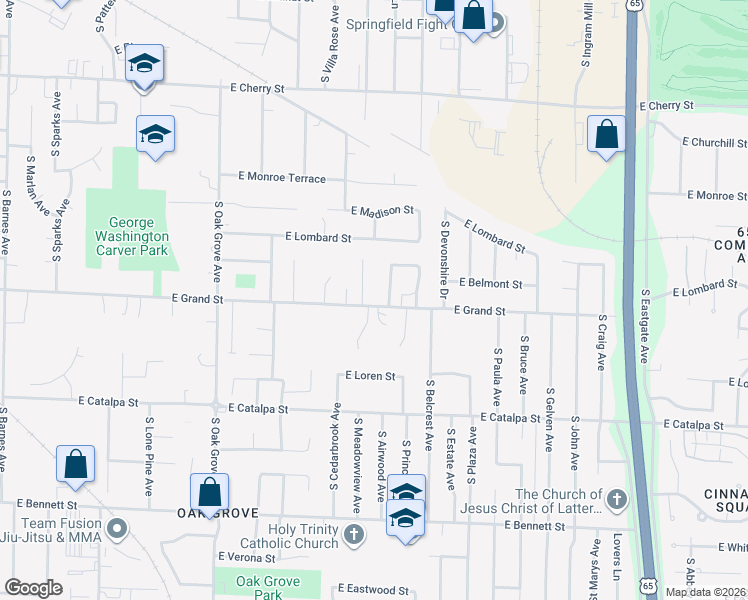 map of restaurants, bars, coffee shops, grocery stores, and more near 2911 East Grand Street in Springfield