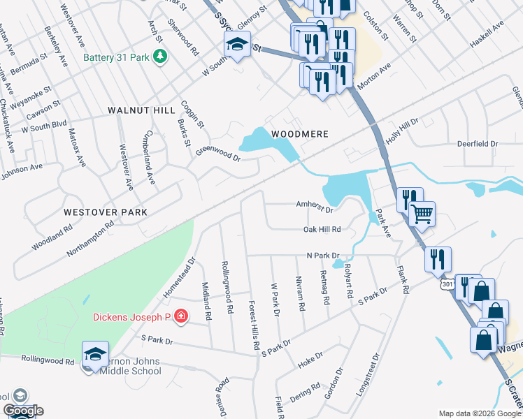 map of restaurants, bars, coffee shops, grocery stores, and more near 2708 Oak Hill Road in Petersburg