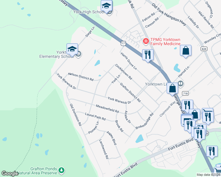 map of restaurants, bars, coffee shops, grocery stores, and more near 309 York Lane in Yorktown