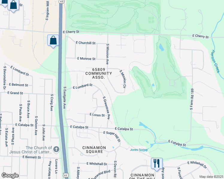 map of restaurants, bars, coffee shops, grocery stores, and more near 949 South Mission Avenue in Springfield