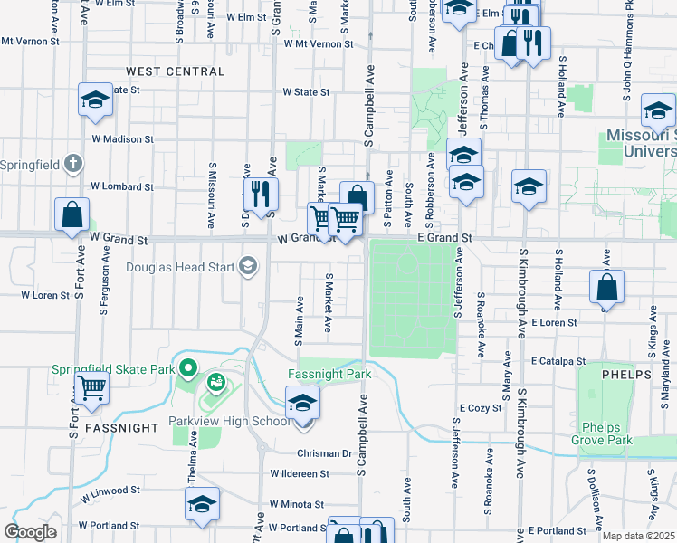 map of restaurants, bars, coffee shops, grocery stores, and more near 420 West Normal Street in Springfield