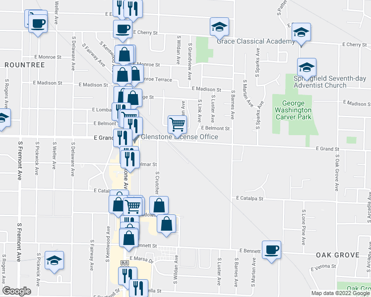 map of restaurants, bars, coffee shops, grocery stores, and more near 2002 East Grand Street in Springfield
