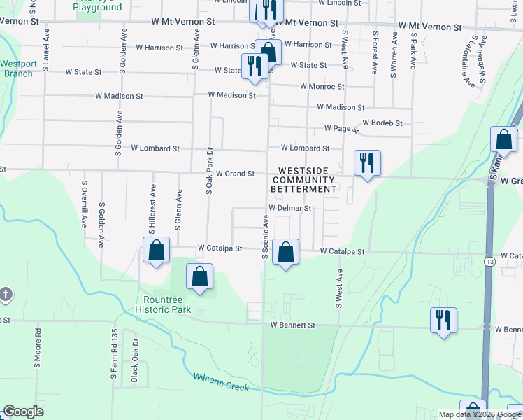 map of restaurants, bars, coffee shops, grocery stores, and more near 1101 South Scenic Avenue in Springfield