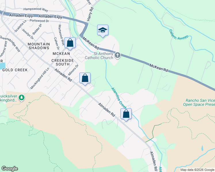 map of restaurants, bars, coffee shops, grocery stores, and more near 19960 Almaden Road in San Jose