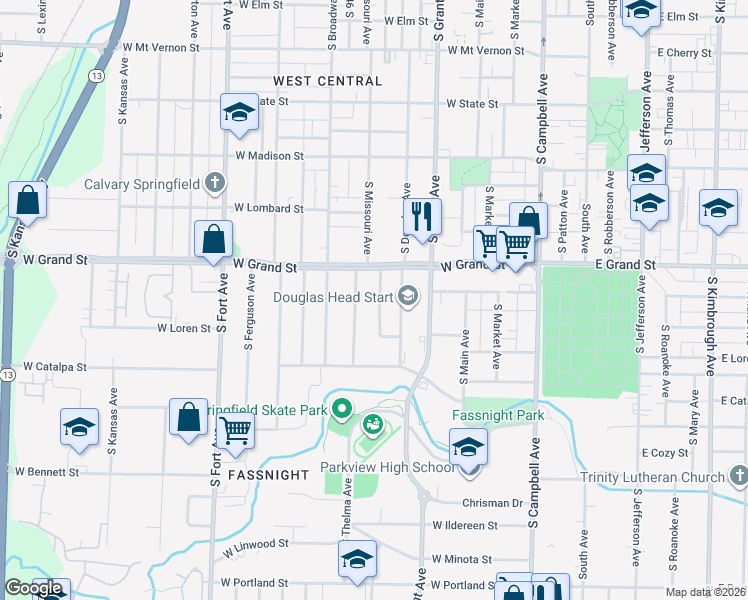 map of restaurants, bars, coffee shops, grocery stores, and more near 1039 South Missouri Avenue in Springfield