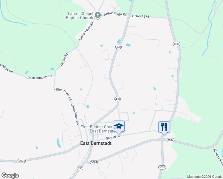 map of restaurants, bars, coffee shops, grocery stores, and more near 1544 Kentucky 490 in East Bernstadt