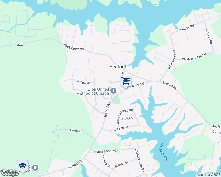 map of restaurants, bars, coffee shops, grocery stores, and more near 198 Wornom Drive in Seaford