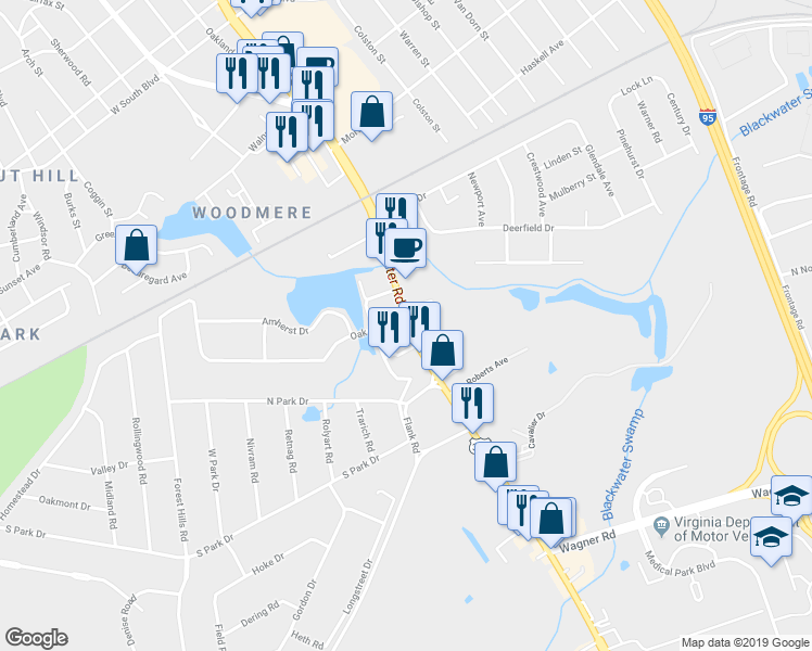 map of restaurants, bars, coffee shops, grocery stores, and more near 2711 South Crater Road in Petersburg
