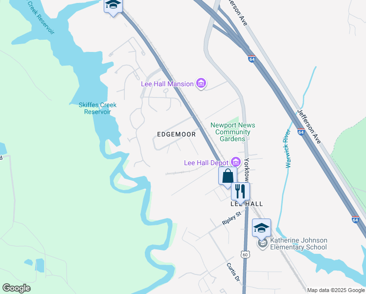 map of restaurants, bars, coffee shops, grocery stores, and more near 5 June Terrace in Newport News