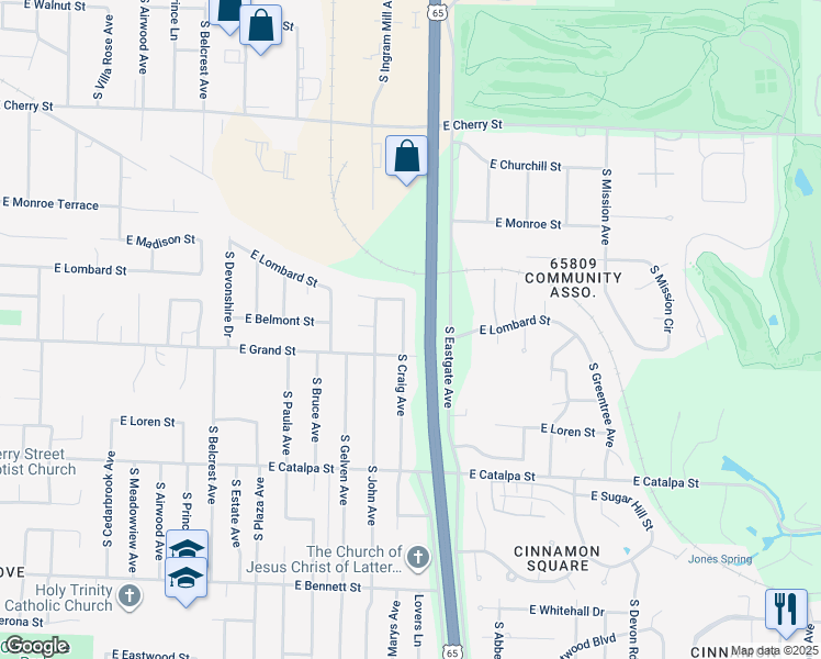 map of restaurants, bars, coffee shops, grocery stores, and more near 950 South Craig Avenue in Springfield