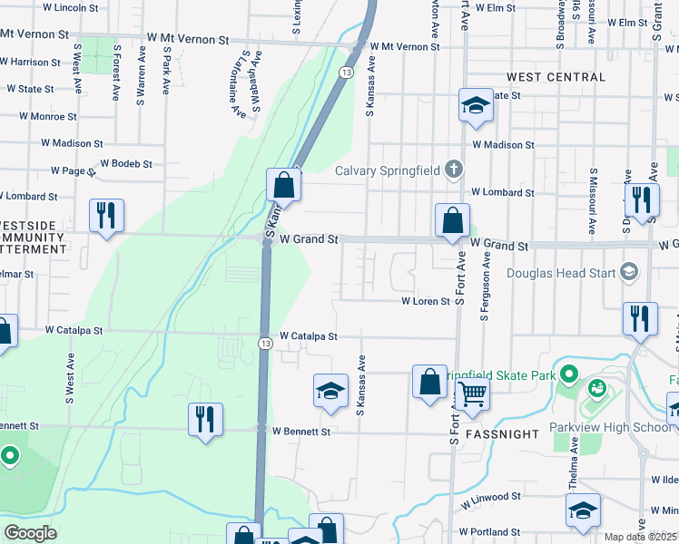 map of restaurants, bars, coffee shops, grocery stores, and more near 1052a South Lexington Avenue in Springfield