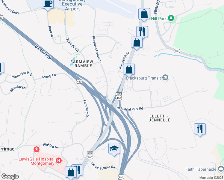 map of restaurants, bars, coffee shops, grocery stores, and more near 2522 Ridge Road in Blacksburg