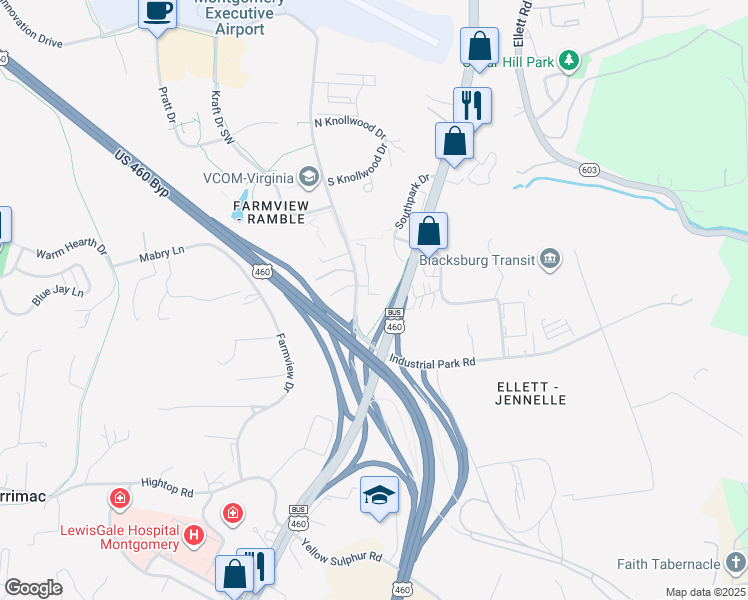 map of restaurants, bars, coffee shops, grocery stores, and more near 2605 Ramble Road in Blacksburg