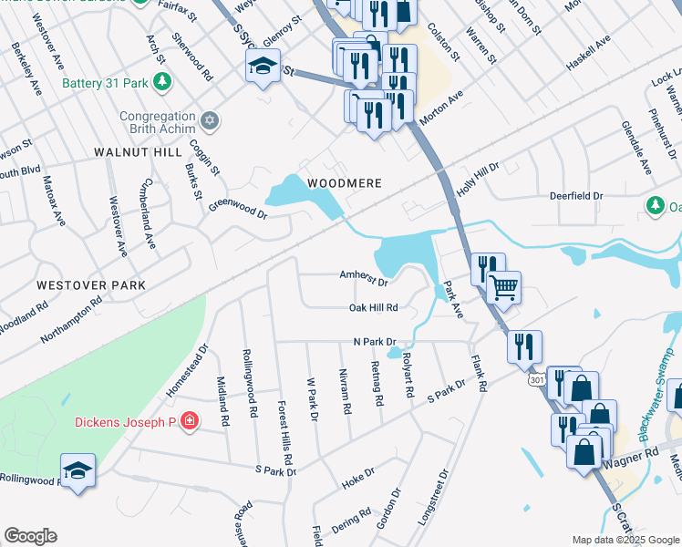 map of restaurants, bars, coffee shops, grocery stores, and more near 525 Amherst Drive in Petersburg