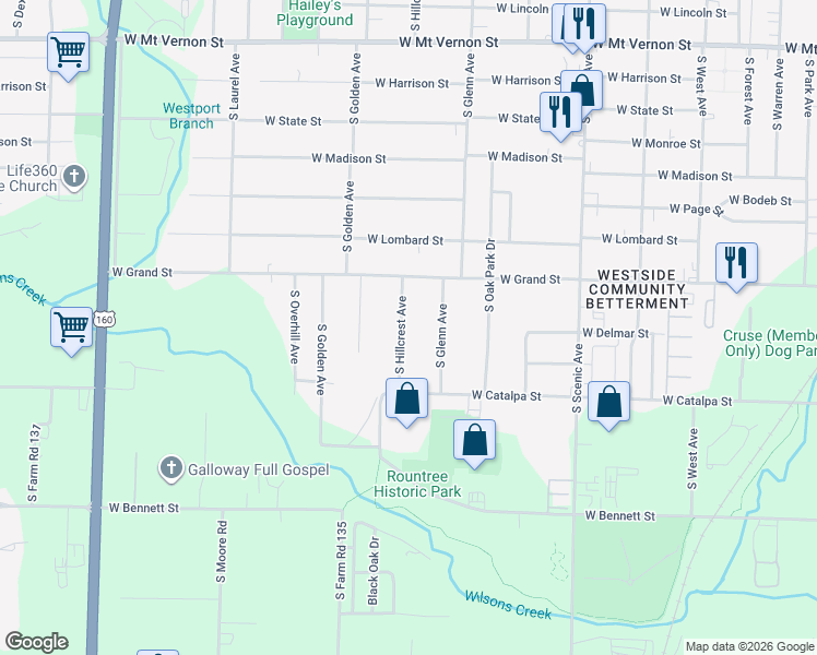 map of restaurants, bars, coffee shops, grocery stores, and more near 1114 S Hillcrest Ave in Springfield