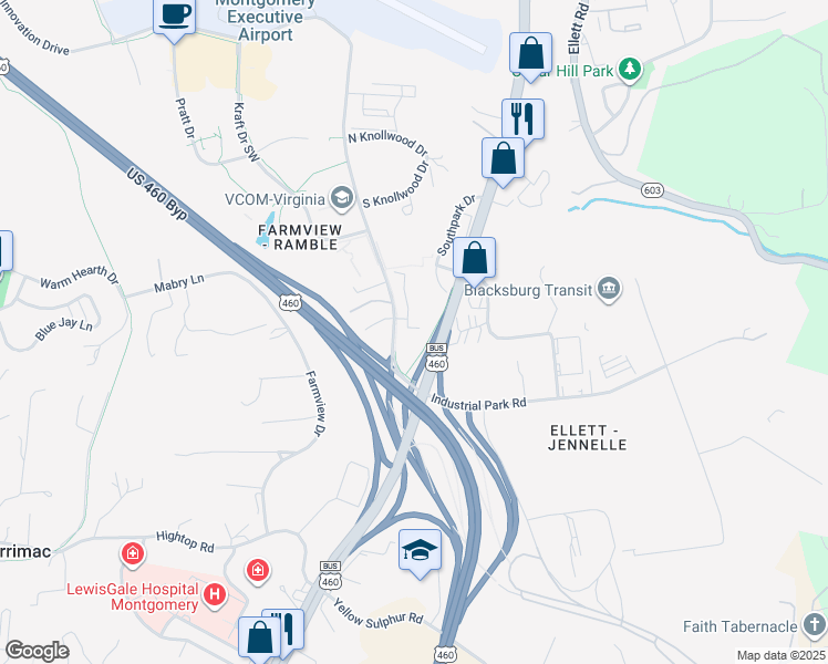 map of restaurants, bars, coffee shops, grocery stores, and more near 2605 Ramble Road in Blacksburg