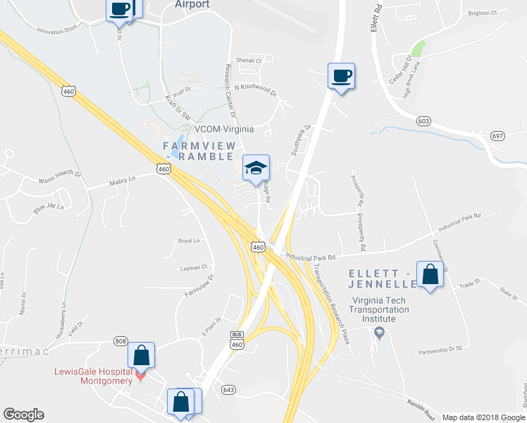map of restaurants, bars, coffee shops, grocery stores, and more near 2605 Ramble Road in Blacksburg