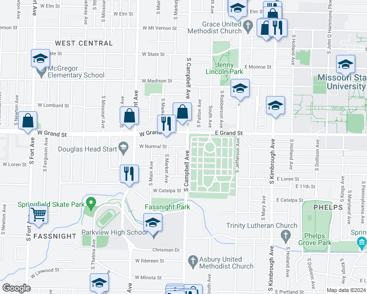 map of restaurants, bars, coffee shops, grocery stores, and more near 420 West Normal Street in Springfield