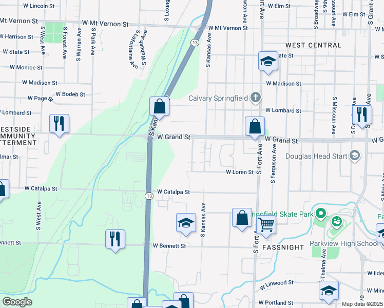map of restaurants, bars, coffee shops, grocery stores, and more near 1052a South Lexington Avenue in Springfield