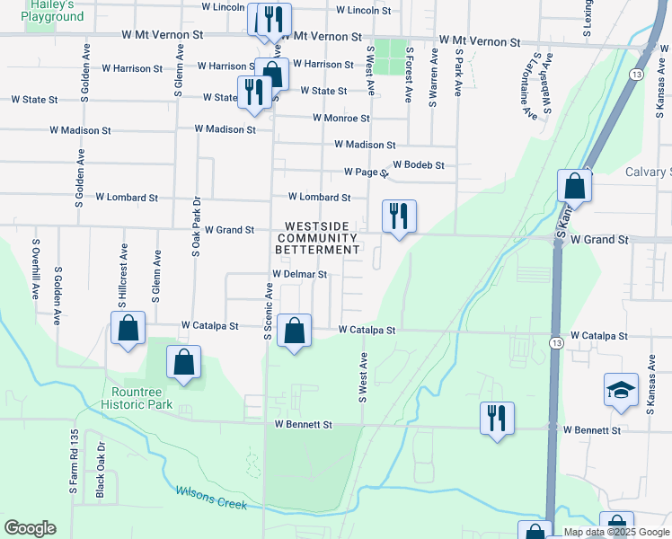 map of restaurants, bars, coffee shops, grocery stores, and more near 2550 West Delmar in Springfield