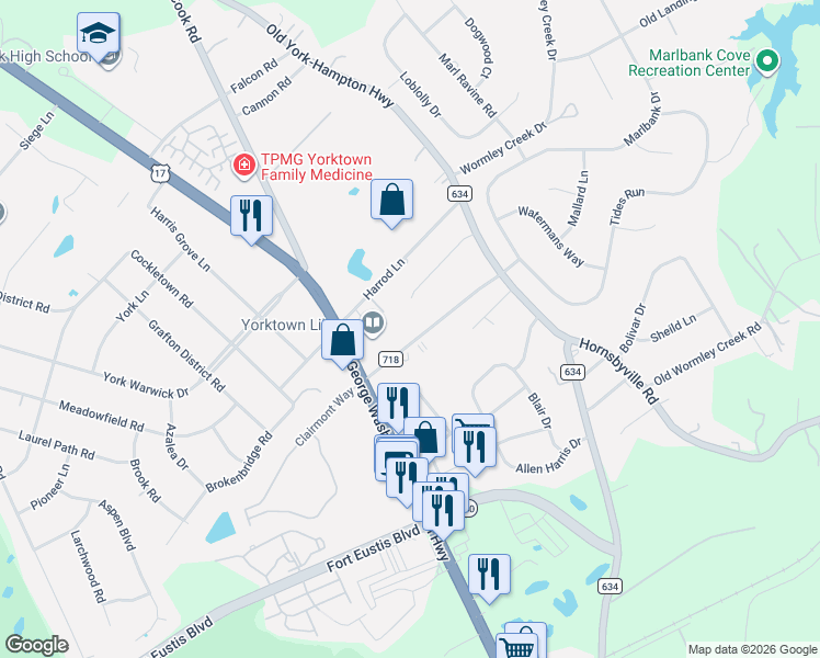 map of restaurants, bars, coffee shops, grocery stores, and more near 113 Battle Road in Yorktown