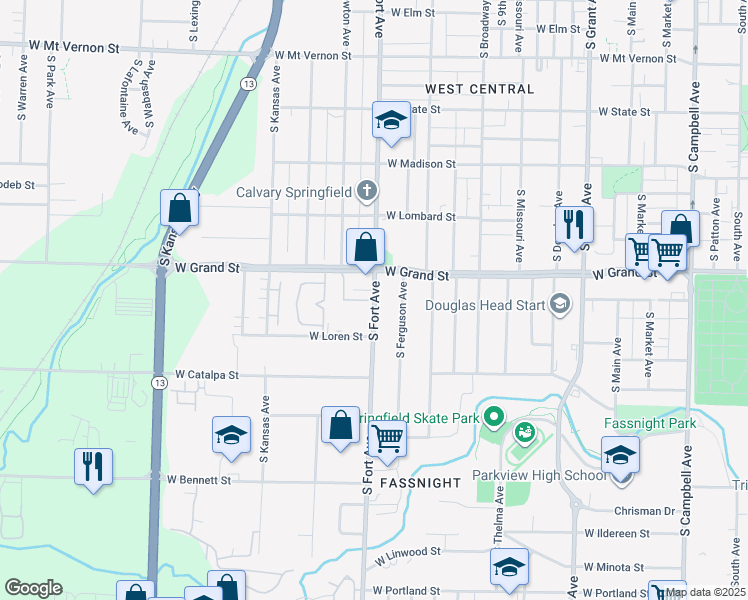 map of restaurants, bars, coffee shops, grocery stores, and more near 1100 West Normal Street in Springfield