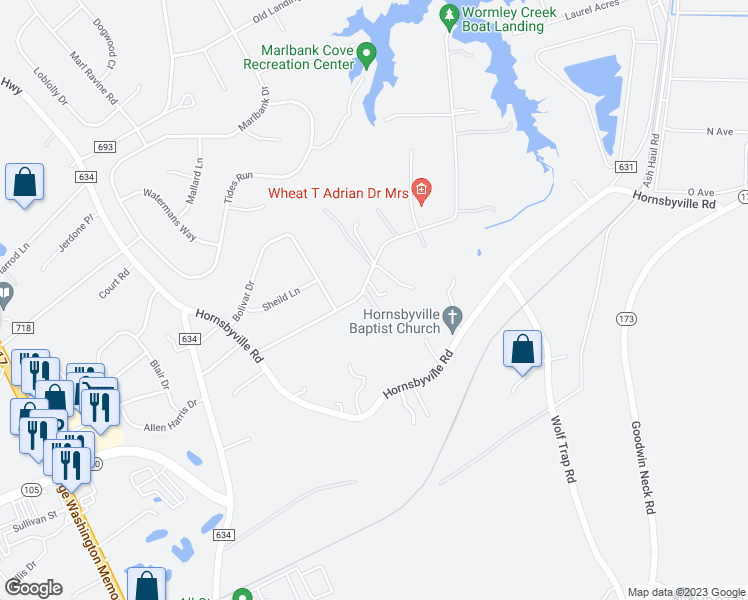map of restaurants, bars, coffee shops, grocery stores, and more near 316 Old Wormley Creek Road in Yorktown
