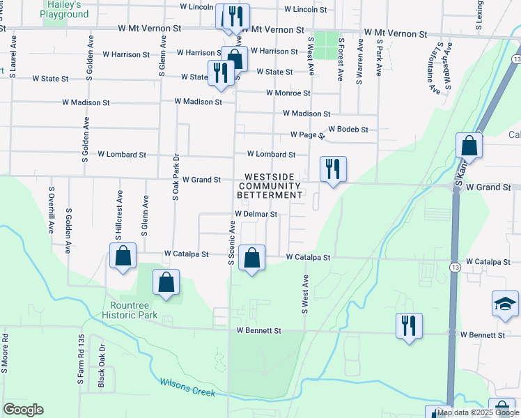 map of restaurants, bars, coffee shops, grocery stores, and more near 2625 West Delmar Street in Springfield