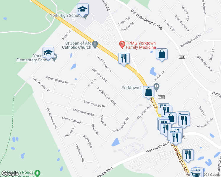 map of restaurants, bars, coffee shops, grocery stores, and more near 407 Cockletown Road in Yorktown
