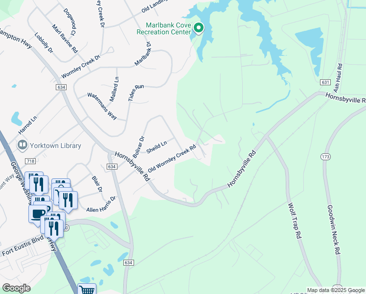 map of restaurants, bars, coffee shops, grocery stores, and more near 301 Old Wormley Creek Road in Yorktown