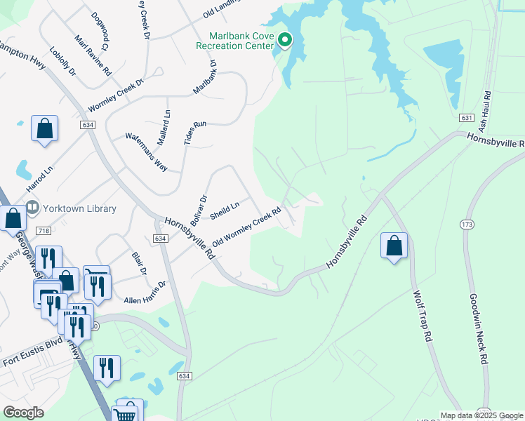 map of restaurants, bars, coffee shops, grocery stores, and more near 301 Old Wormley Creek Road in Yorktown