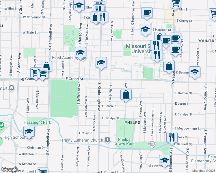 map of restaurants, bars, coffee shops, grocery stores, and more near 616 East Normal Street in Springfield