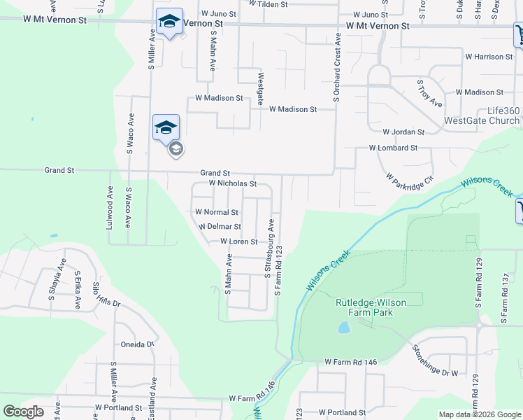 map of restaurants, bars, coffee shops, grocery stores, and more near 1128 South Canton Avenue in Springfield