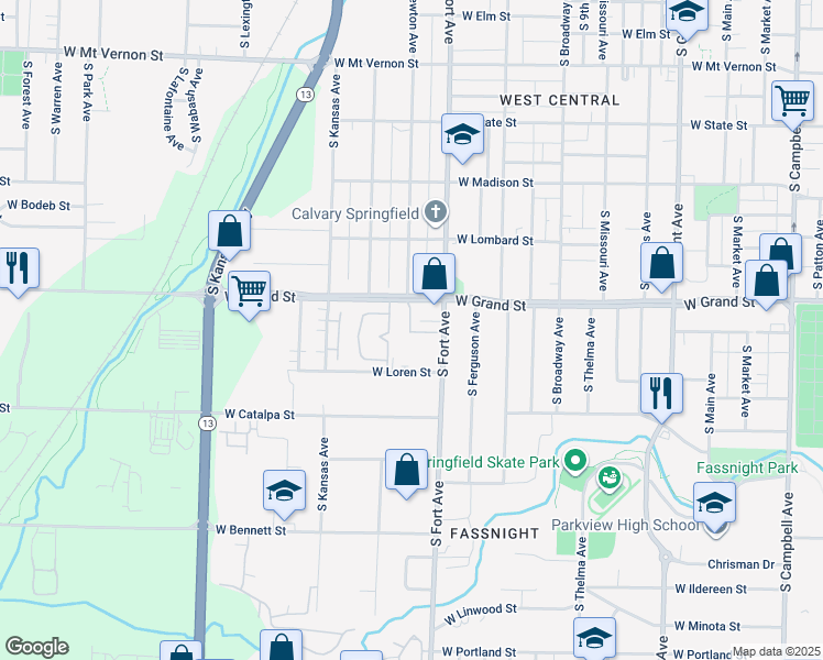 map of restaurants, bars, coffee shops, grocery stores, and more near 1039 South Fort Avenue in Springfield