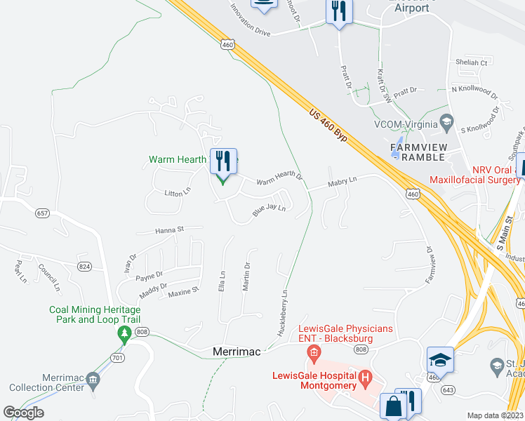 map of restaurants, bars, coffee shops, grocery stores, and more near 2141 Blue Jay Lane in Blacksburg