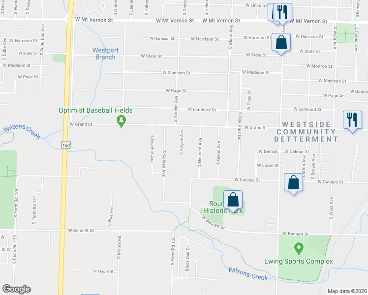 map of restaurants, bars, coffee shops, grocery stores, and more near 1054 South Colgate Avenue in Springfield
