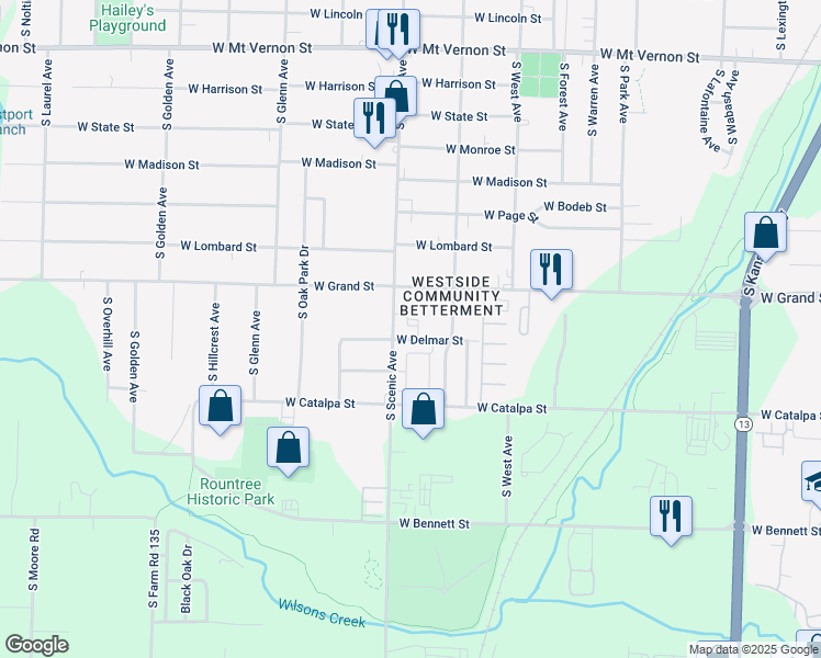 map of restaurants, bars, coffee shops, grocery stores, and more near 2645 West Delmar in Springfield