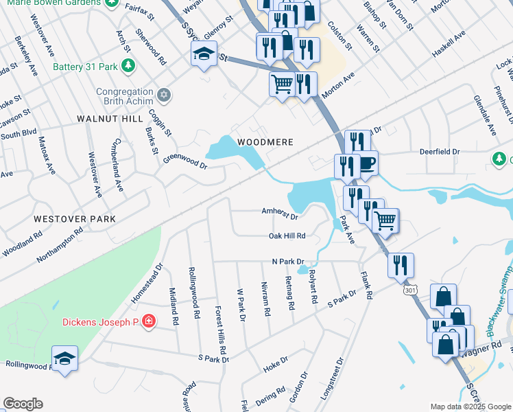 map of restaurants, bars, coffee shops, grocery stores, and more near 525 Amherst Drive in Petersburg