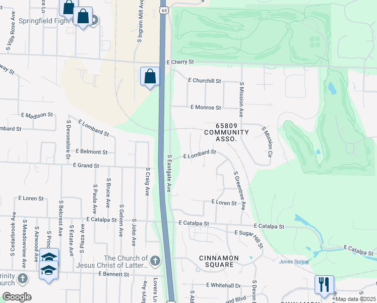map of restaurants, bars, coffee shops, grocery stores, and more near 3460 East Lombard Street in Springfield
