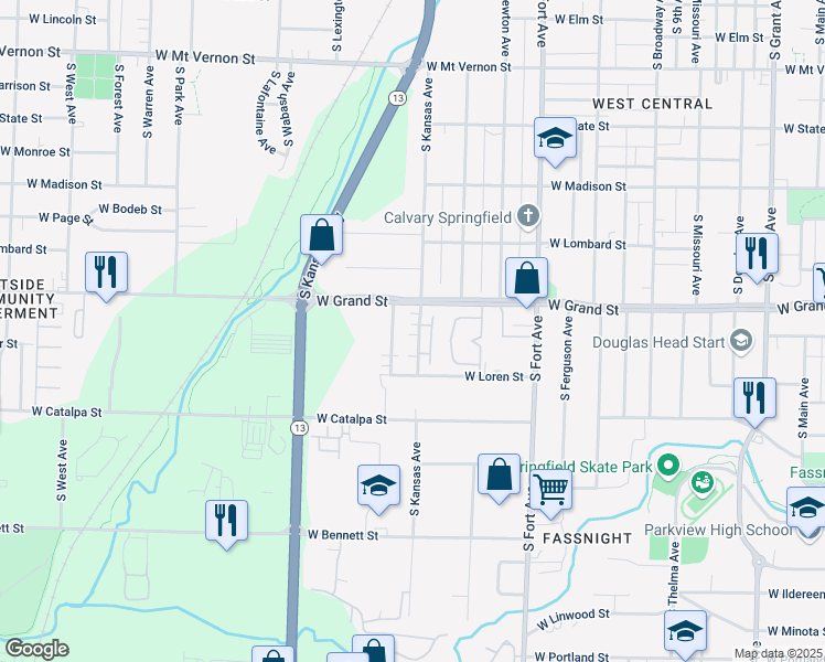 map of restaurants, bars, coffee shops, grocery stores, and more near 1052a South Lexington Avenue in Springfield