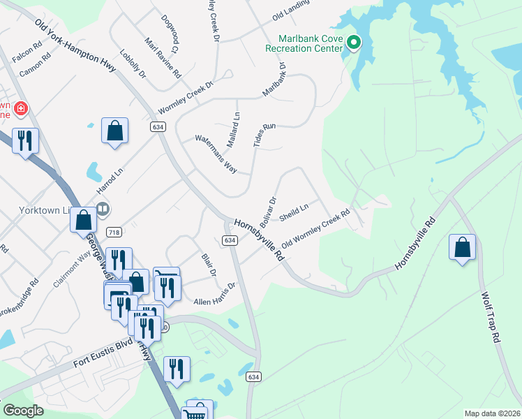 map of restaurants, bars, coffee shops, grocery stores, and more near 119 Hornsbyville Road in Yorktown