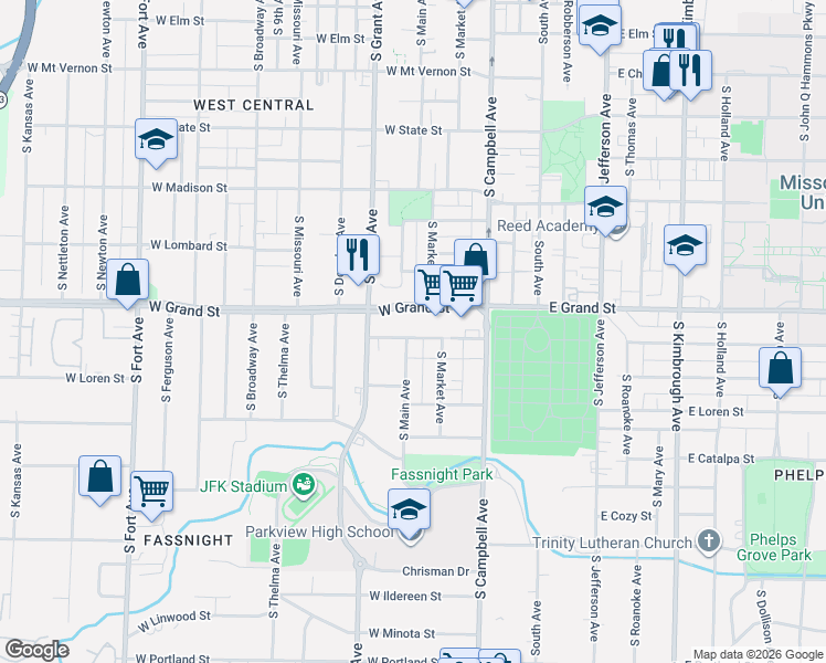 map of restaurants, bars, coffee shops, grocery stores, and more near 512 West Normal Street in Springfield