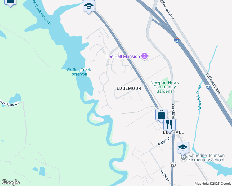 map of restaurants, bars, coffee shops, grocery stores, and more near 29 Edgemoor Drive in Newport News