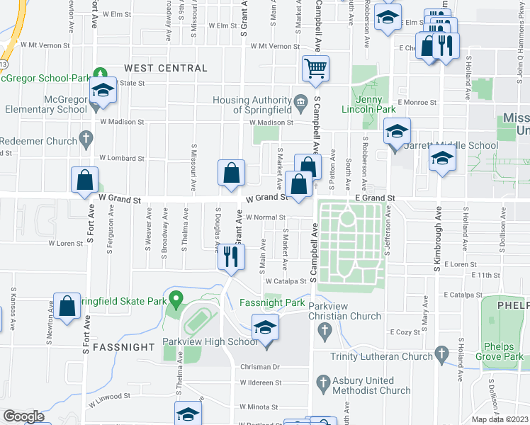 map of restaurants, bars, coffee shops, grocery stores, and more near 535 West Normal Street in Springfield