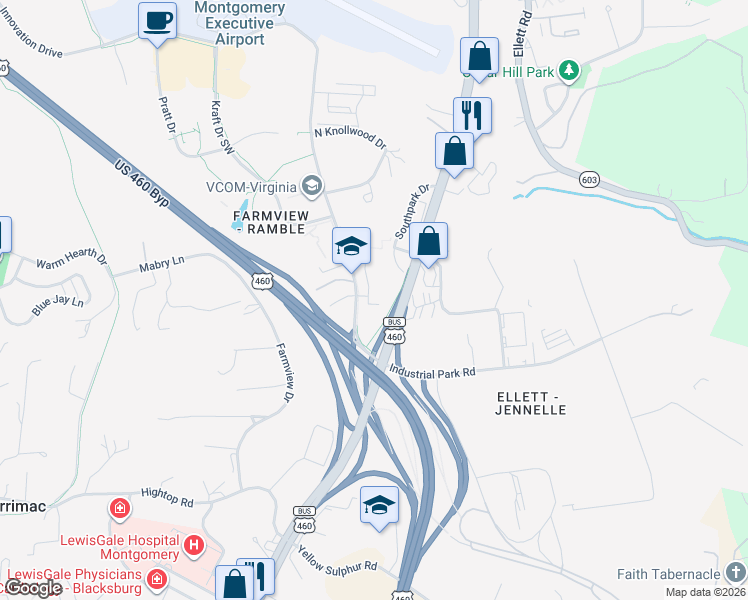 map of restaurants, bars, coffee shops, grocery stores, and more near 2605 Ramble Road in Blacksburg