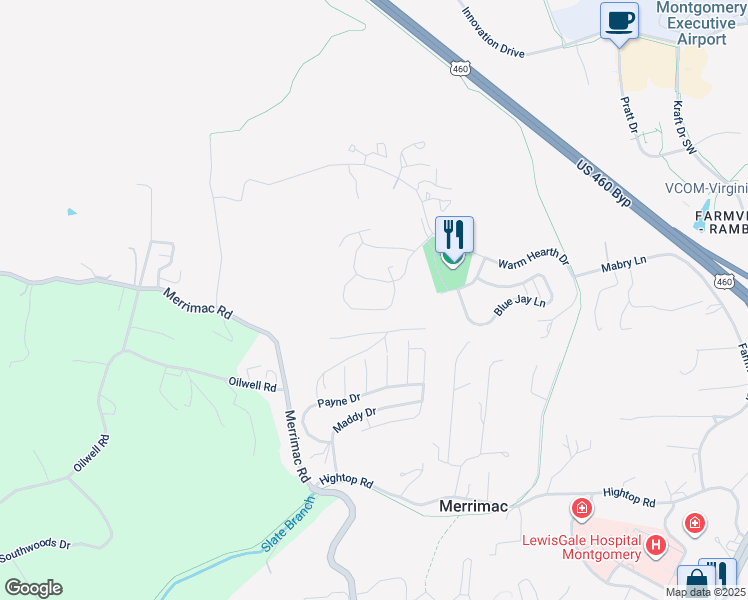 map of restaurants, bars, coffee shops, grocery stores, and more near Hanna St in Blacksburg