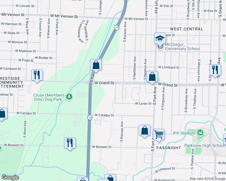 map of restaurants, bars, coffee shops, grocery stores, and more near 1052a South Lexington Avenue in Springfield