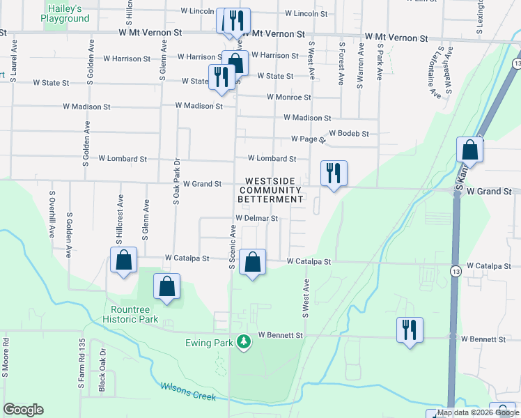 map of restaurants, bars, coffee shops, grocery stores, and more near 1110 South Scenic Avenue in Springfield