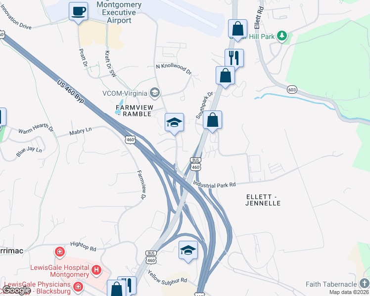 map of restaurants, bars, coffee shops, grocery stores, and more near 2605 Ramble Road in Blacksburg
