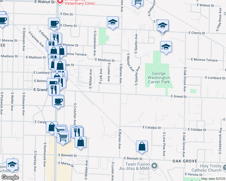 map of restaurants, bars, coffee shops, grocery stores, and more near 2131 East Grand Street in Springfield